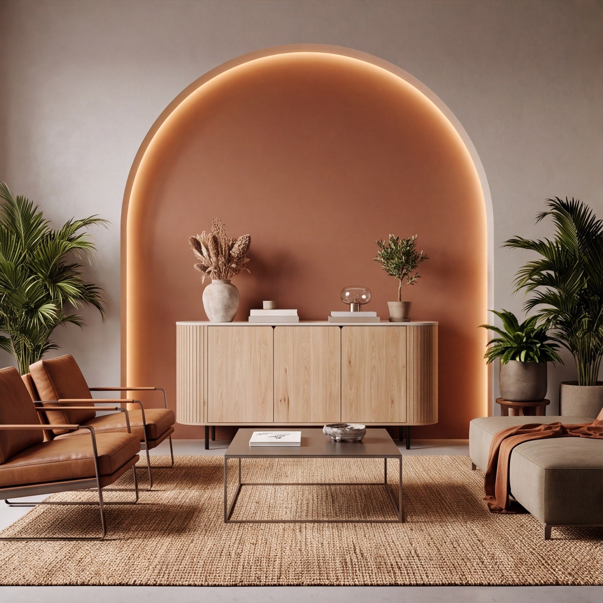 Norela.three Sideboard in Eiche Dekor mit Travertin Deckplatte, im Wohnzimmer