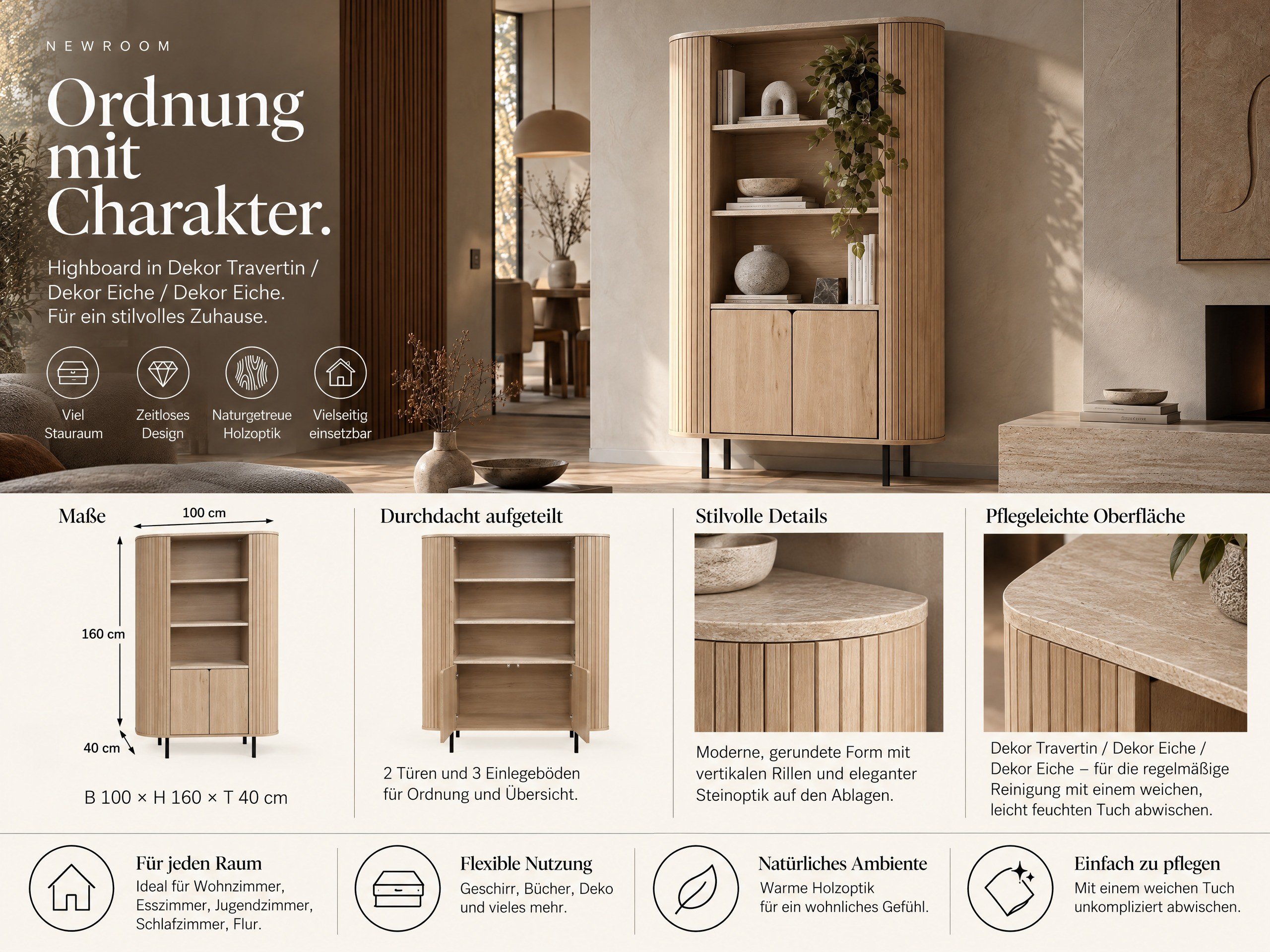 Norela.four Highboard Eiche mit Travertin-Optik, Produktinfo