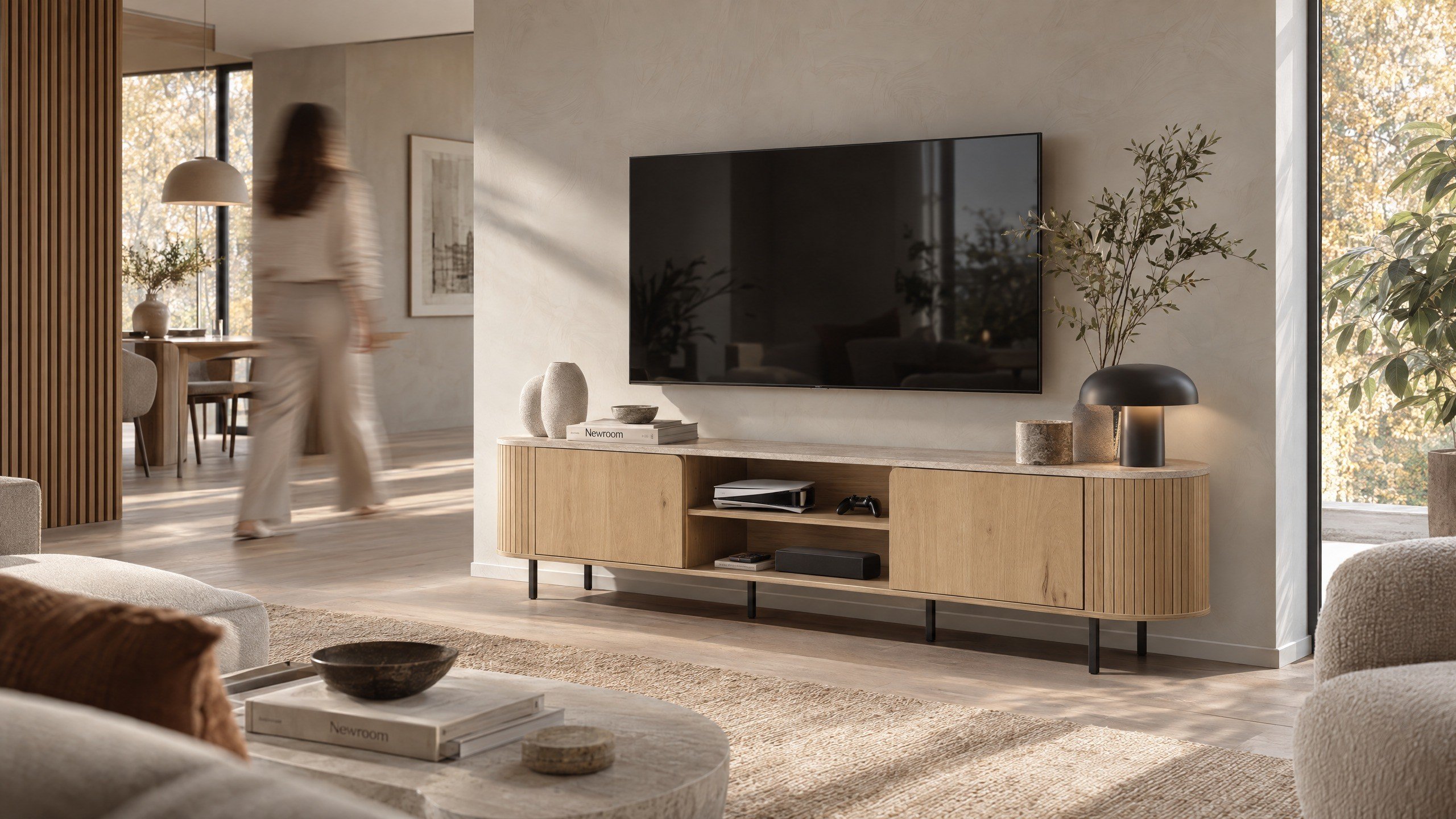 Norela.six TV-Board in Eiche Dekor mit Travertin Deckplatte, im Wohnzimmer