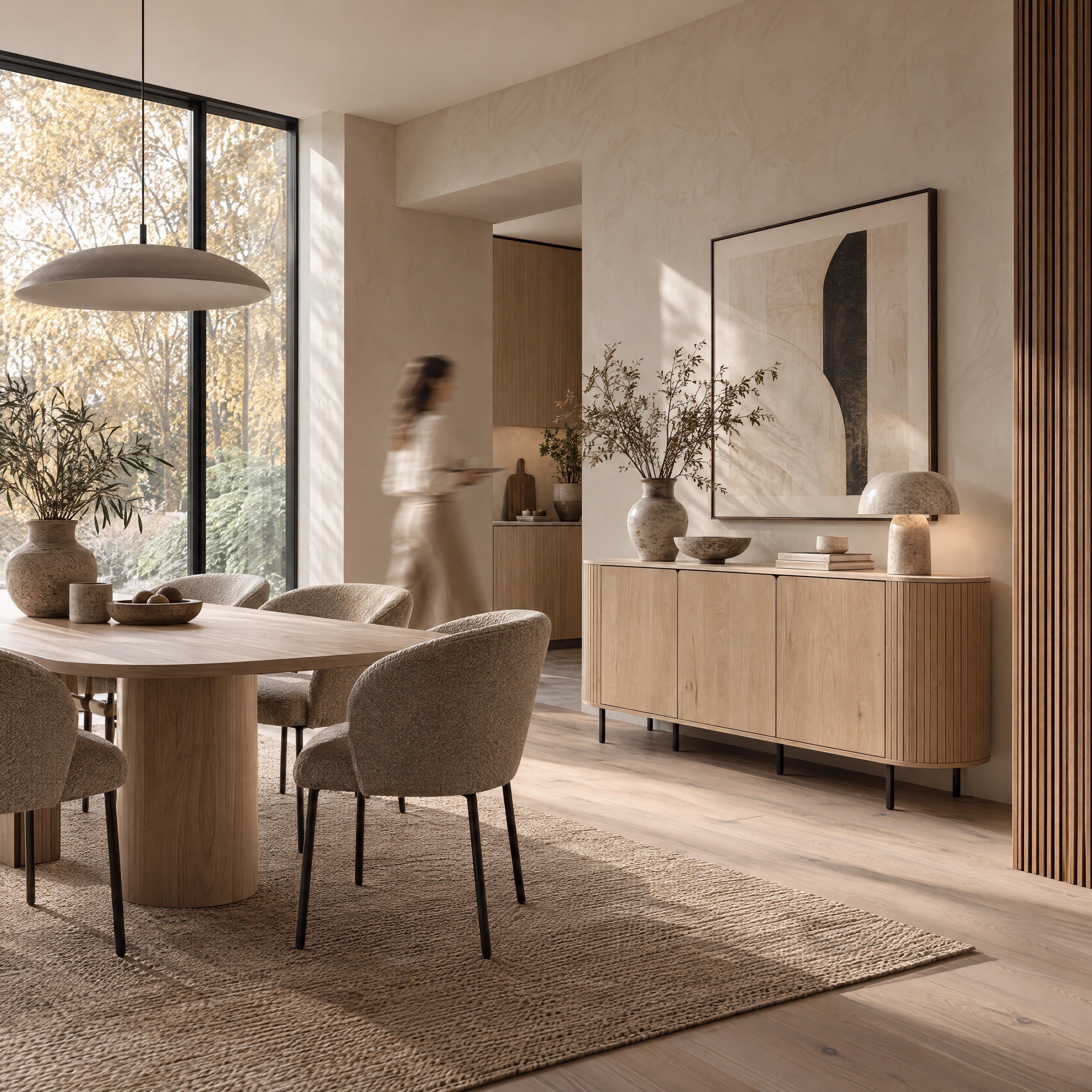 Norela.three Sideboard in Eiche Dekor mit Travertin Deckplatte, im Esszimmer