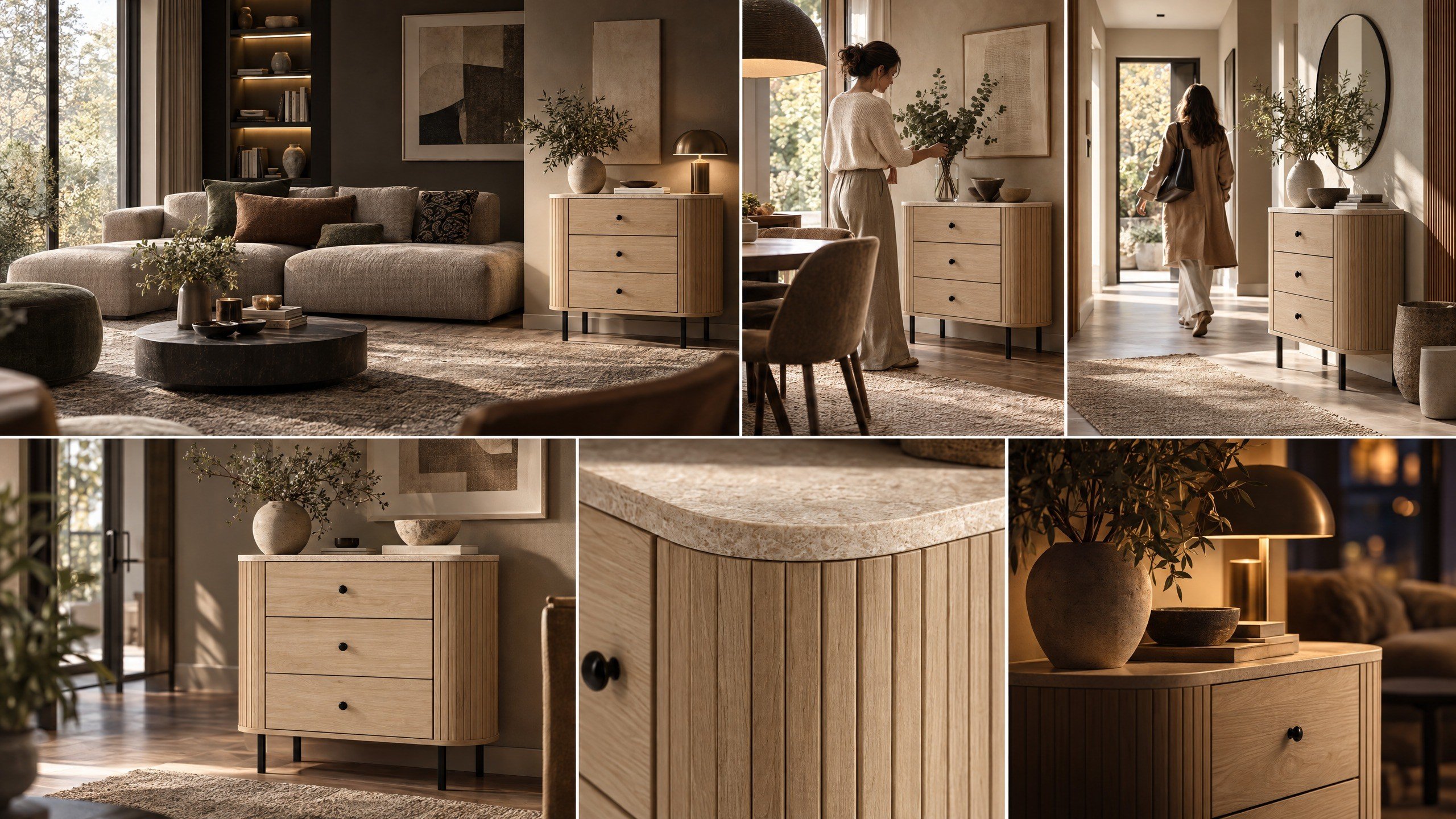 Norela.two Kommode in Eiche-Optik mit Travertin-Platte, Moodboard