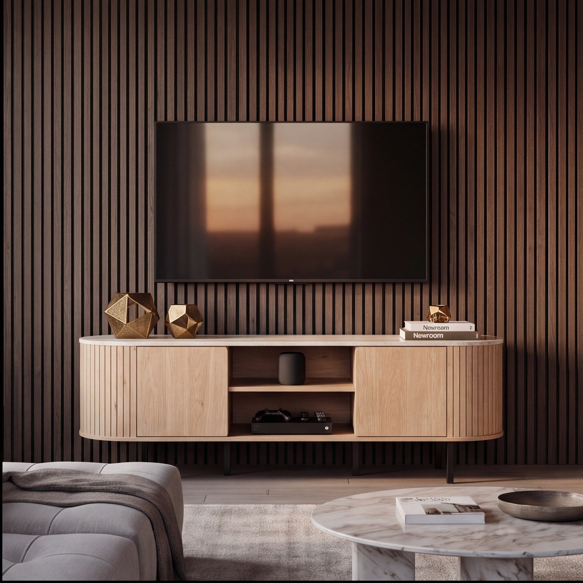 Norela.five TV-Board in Eiche-Dekor mit Travertin-Optik, im Wohnzimmer