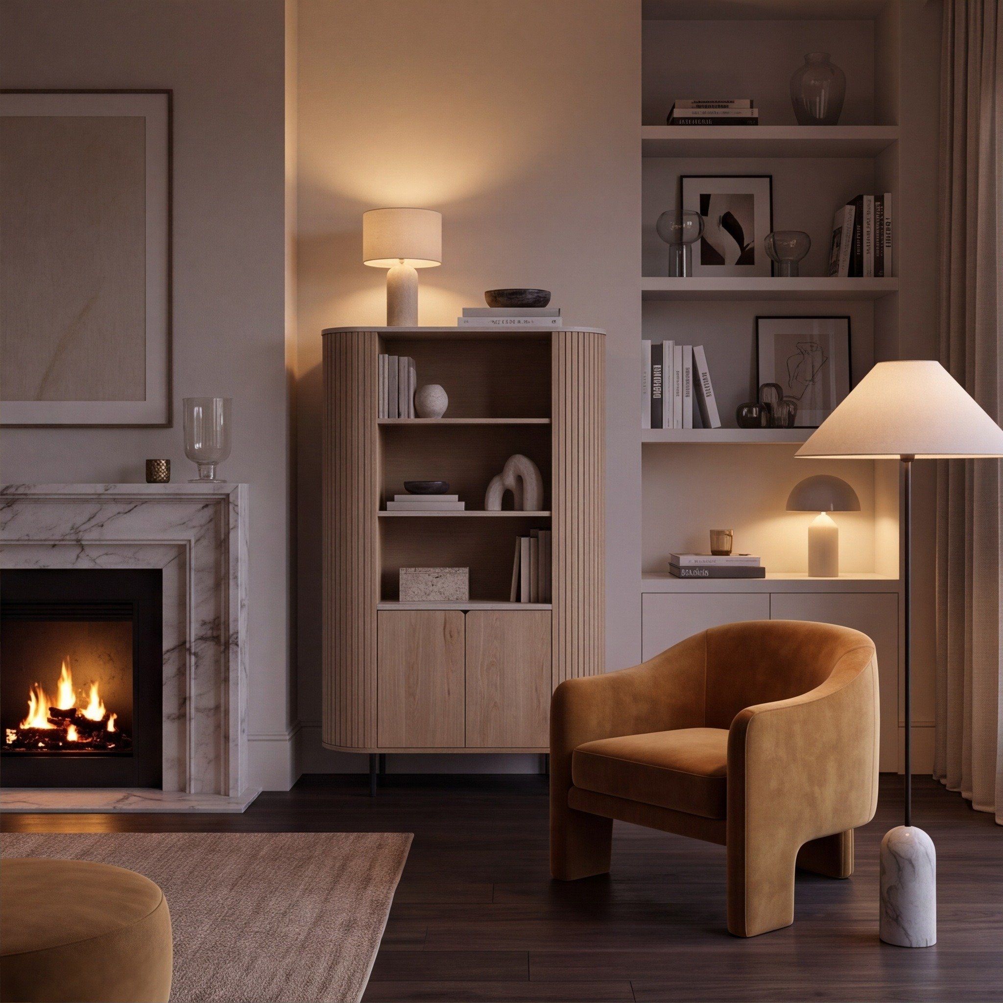 Norela.four Highboard Eiche mit Travertin-Optik, im Wohnzimmer