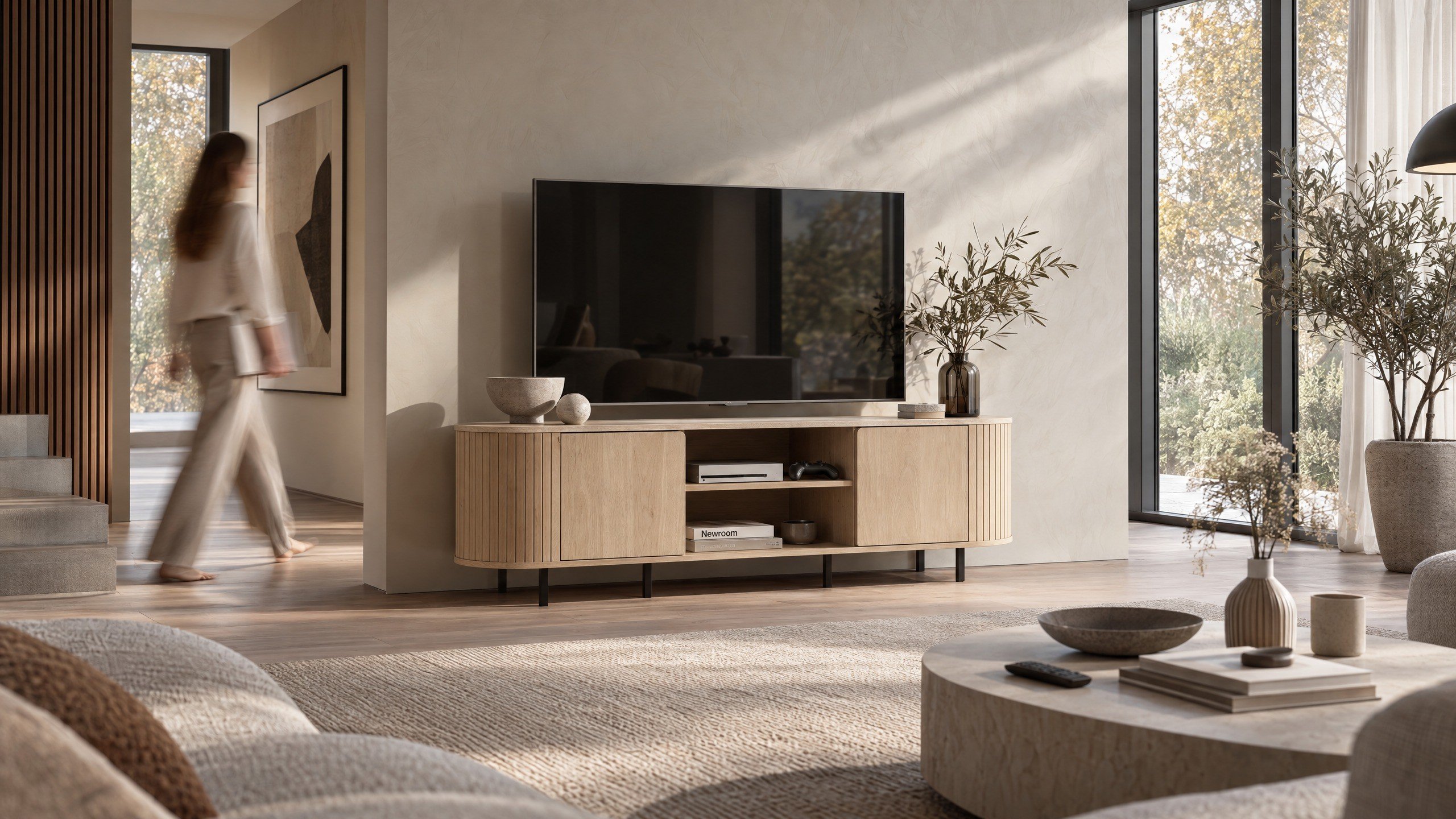 Norela.five TV-Board in Eiche-Dekor mit Travertin-Optik, im Wohnzimmer