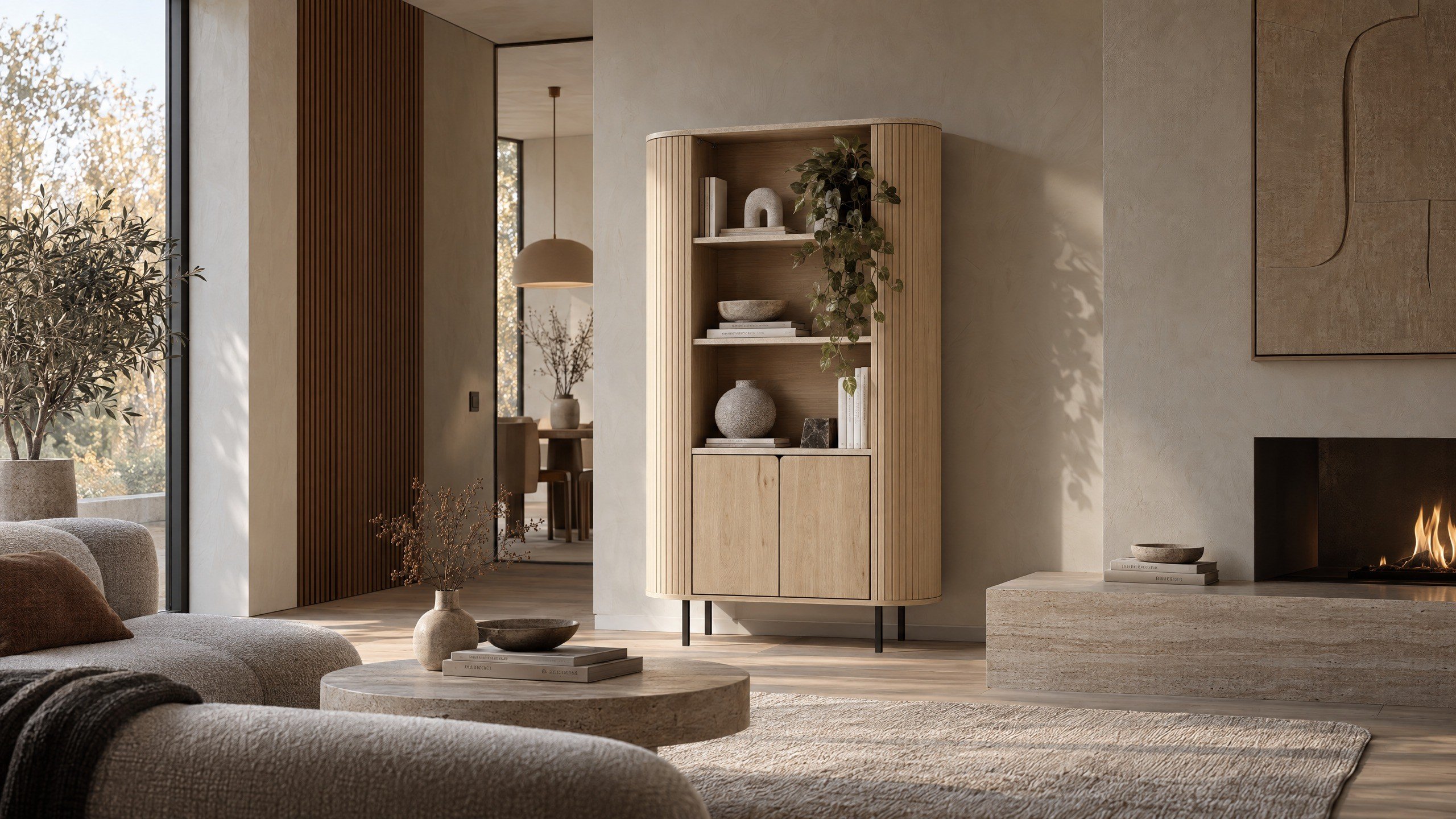 Norela.four Highboard Eiche mit Travertin-Optik, im Wohnzimmer